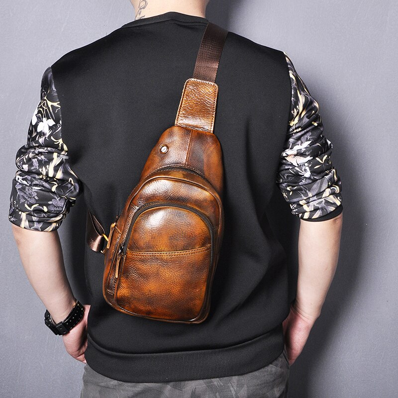 Men Genuine Leather Coffee Vintage Triangle Chest Bag Sling Bag Design Daypack One Shoulder Bag Fashion Cross-body Bag Male 008