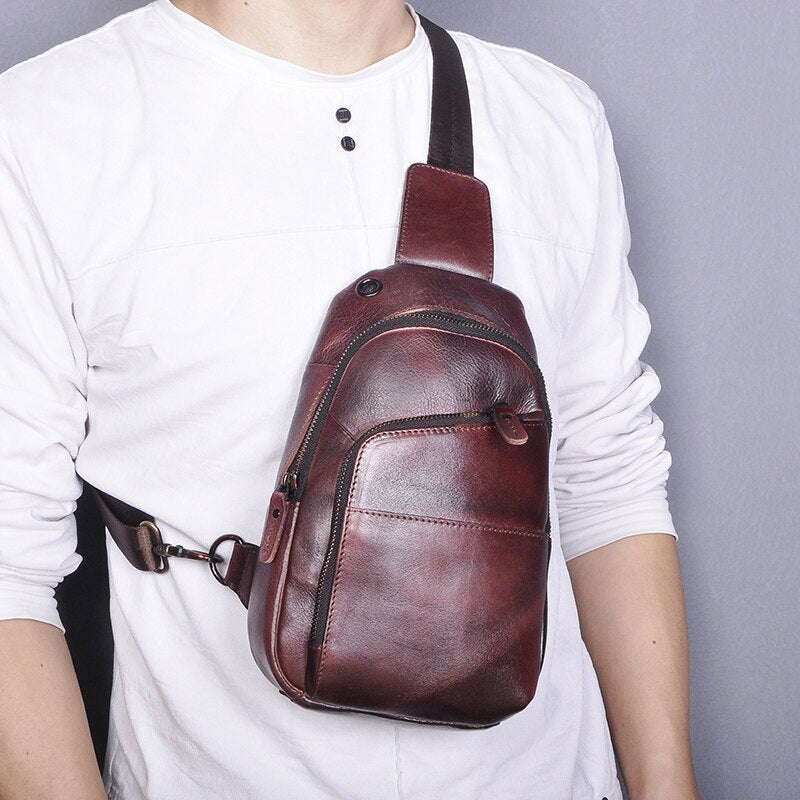 Hot Sale Men Genuine Real Leather Casual Travel Chest Sling Bag Design One Shoulder Bag Fashion Blue Cross-body Bag Male 8010