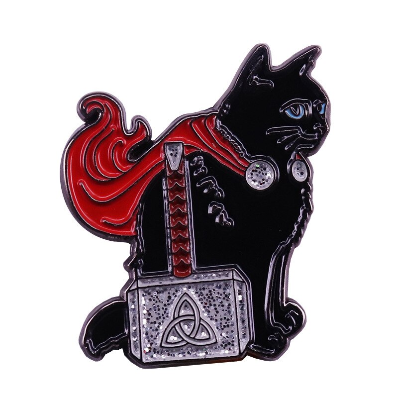 Black Cat and Thor's Hammer Mix and Match Brooch Cute Glitter Animal Badge Sci-Fi Movie Inspiration Pin