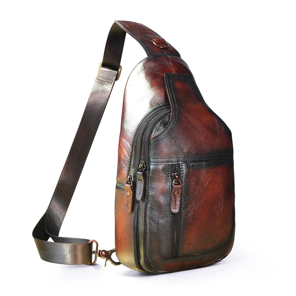 New Men Natural Leather Casual Fashion Triangle Sling Chest Bag Design Daypack Designer One Shoulder Cross-body Bag Male 6601
