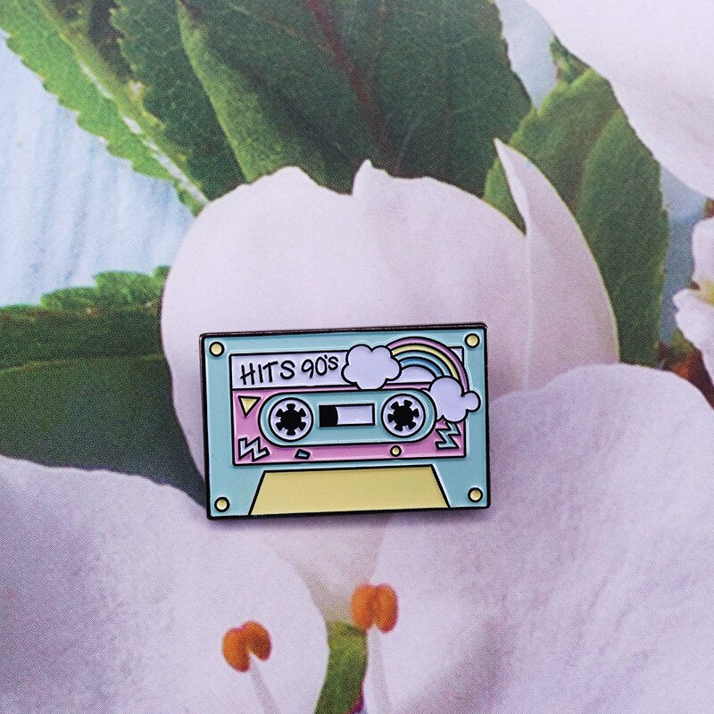 Bright pastel cassette tape brooch "HITS" 90s nostalgic music badge
