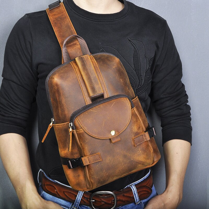 2020 Trend Men Quality Leather Casual Fashion Blue Chest Sling Bag 8" Tablet Design Travel One Shoulder Cross-body Bag Male 3028