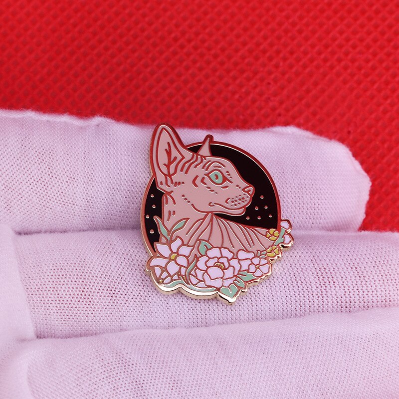 Cute Hairless Cat Badge with Sphinx and Flower Brooch