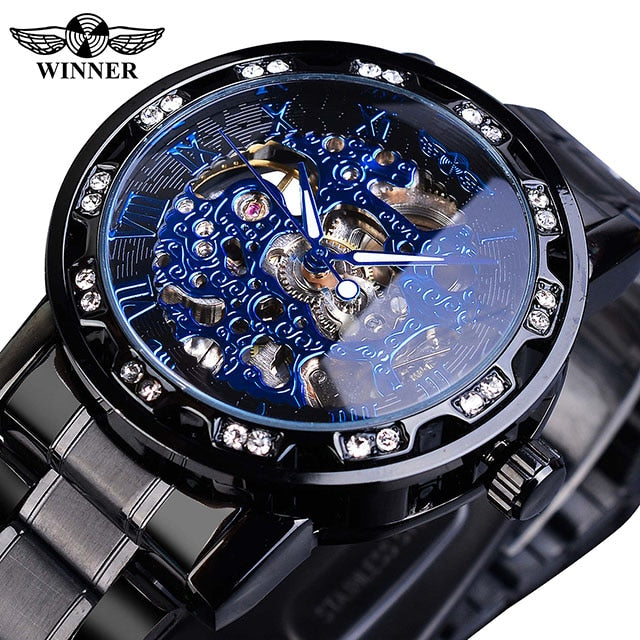 Winner Transparent Diamond Mechanical Watch Blue Stainless Steel Skeleton Watch