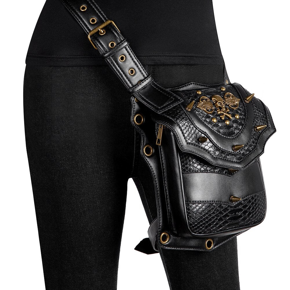 Lady Pockets Retro Messenger Bag Punk Vintage Steampunk Crossbody Women Shoulder Waistbag Men Hombre Skull Rivet Travel Leg Bags