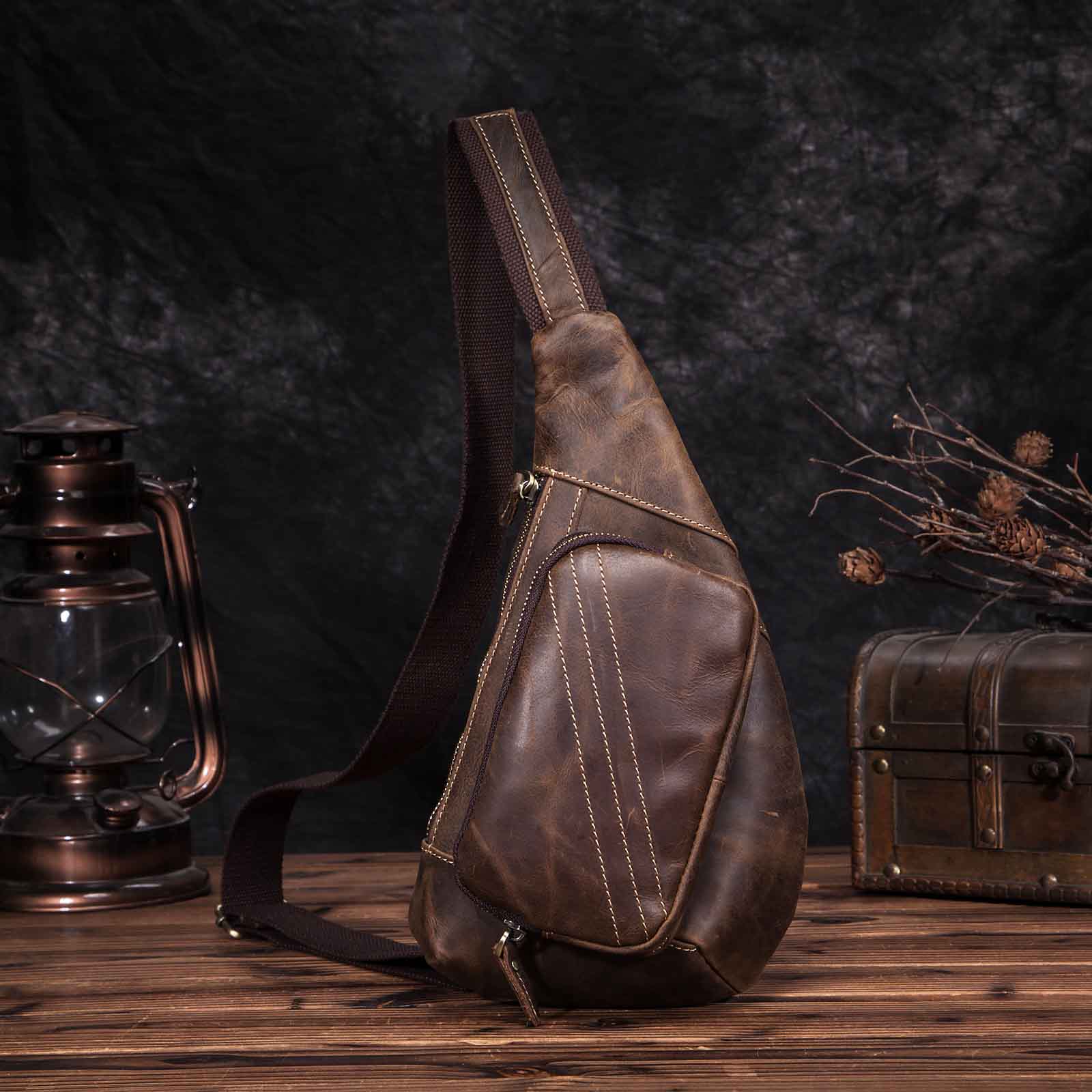New Men Genuine Leather Fashion Blue Sling Chest Bag 8" Tablet Umbrella Design One Shoulder Bag Cross body Bag Male 8810