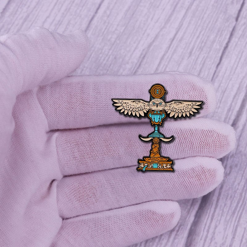 Magic Hourglass Gyro Compass Brooch White Owl Badge