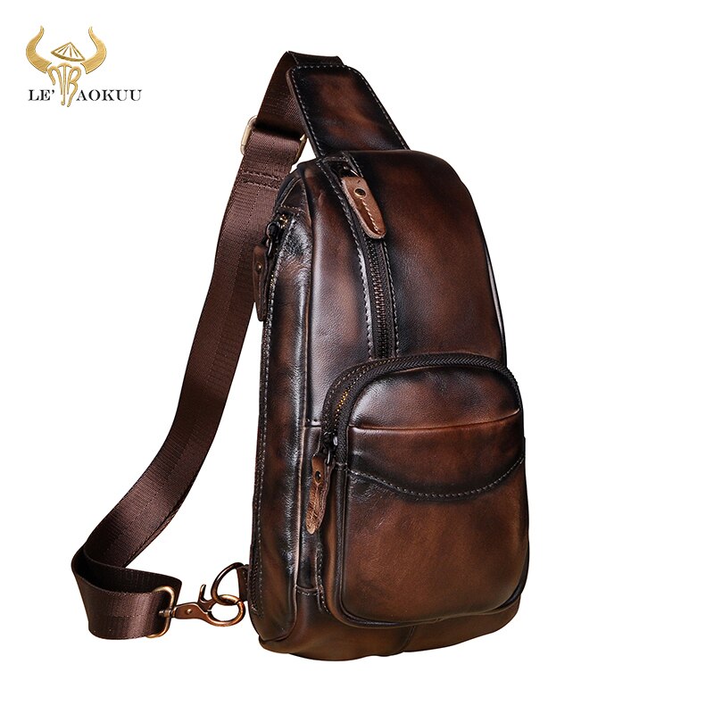 Men Real Leather Casual Chest Bag Sling Bag Design One Shoulder Bag Fashion Crossbody Bag Male 8012