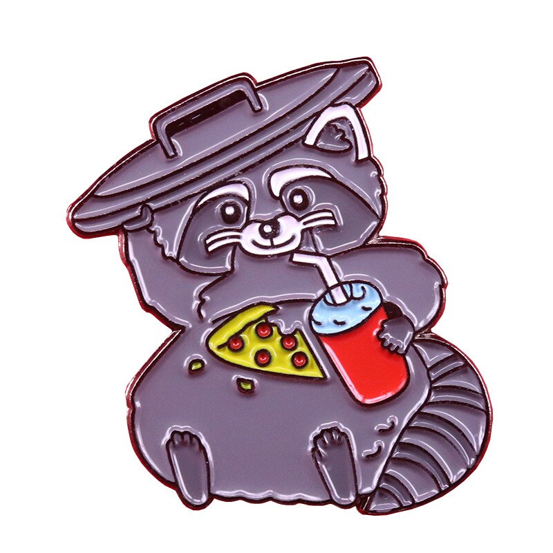 Cute Gray cat brooch eating pizza and drinking drink little raccoon badge