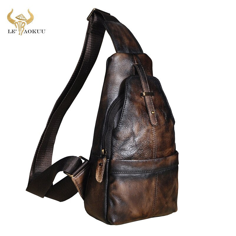 Hot Sale Men Original Leather Casual Fashion Wine Triangle Chest Sling Bag 8" Tablet Design One Shoulder Cross body Bag Male 196