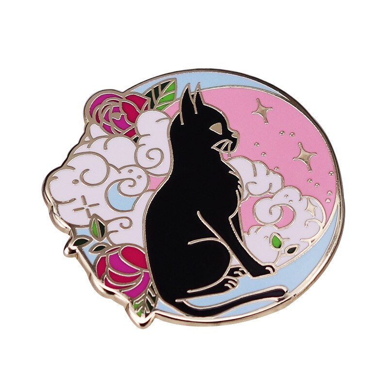 Black cat moon starlight flower fantasy art brooch cute daze cat badge