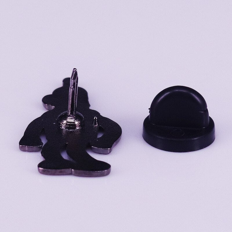 Cute battle robot brooch flies out of a futuristic comedy animation badge