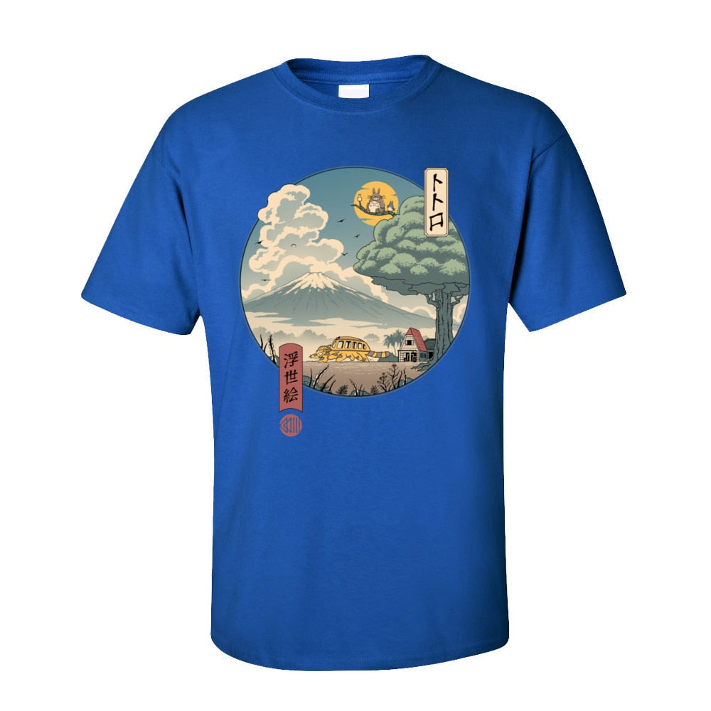 Neighbors Ukiyo-e Cotton Fabric T-Shirt for Men Classic Japan Style Short Sleeve T Shirt Popular Anime Totoro Tshirt