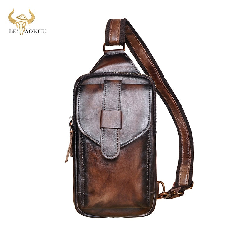 Men Original Real Leather Casual Fashion Coffee Triangle Chest Sling Bag Design