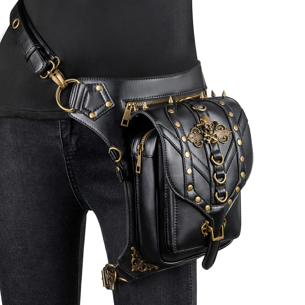 Punk Rock Women Waist Bag Steampunk Rivets Skulls Crossbody Shoulder Bag for Female Motorcycle Drop Leg Belt Bag Hip Pouch Pack