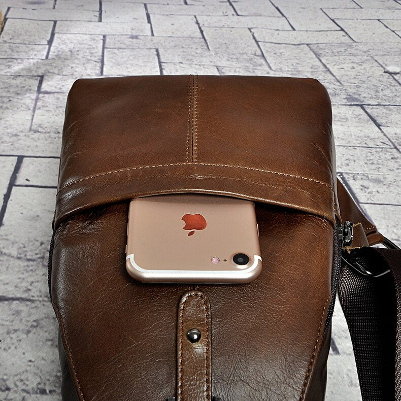 Hot Sale Men Original Leather Casual Fashion Wine Triangle Chest Sling Bag 8" Tablet Design One Shoulder Cross body Bag Male 196
