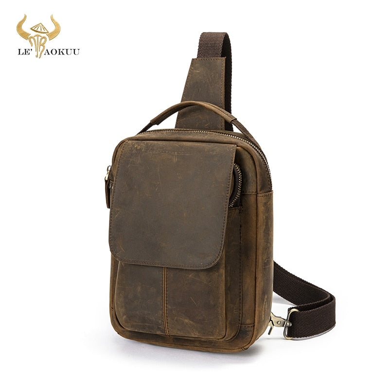 Men Leather Casual Fashion Triangle Chest Sling Bag 8" Tablet Black Travel Design Tote One Shoulder Cross body Bag Male 20154