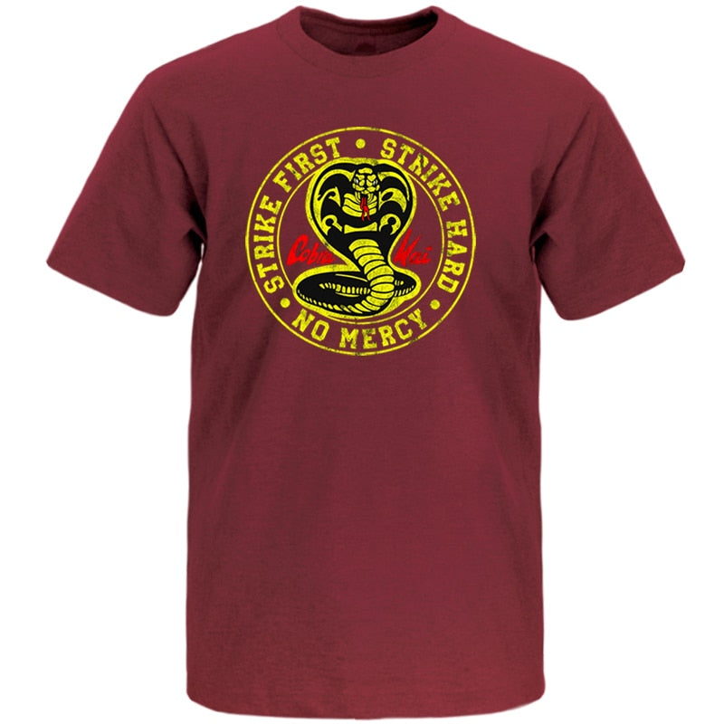 Cobra Kai T Shirt Men Strike First Strike Hard No Mercy Tshirt Shirts Cotton Summer Top Tshirts Short Sleeves Tees Black T-Shirt