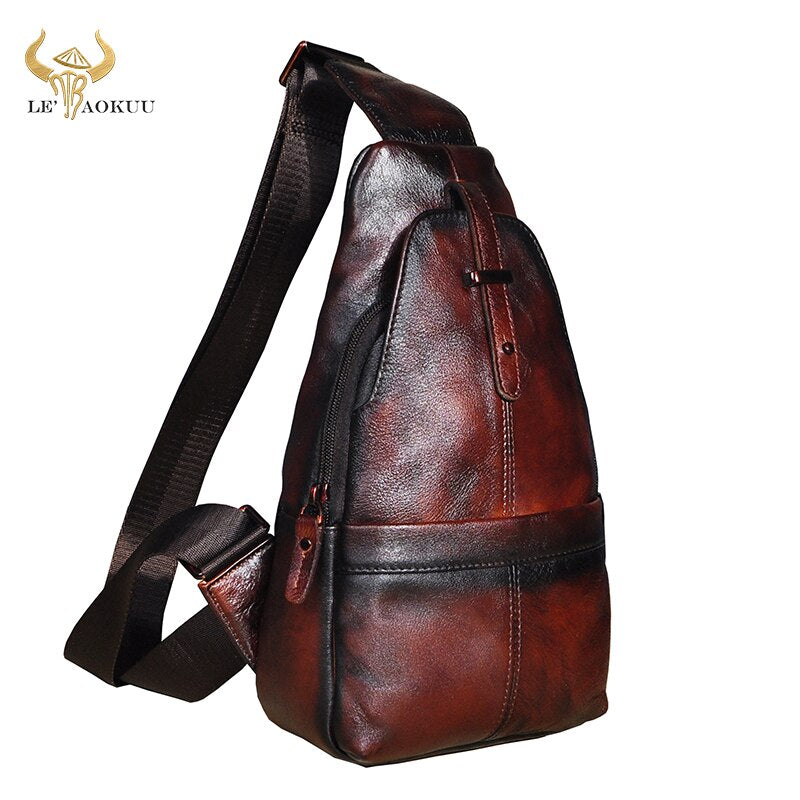 Hot Sale Men Original Leather Casual Fashion Wine Triangle Chest Sling Bag 8" Tablet Design One Shoulder Cross body Bag Male 196