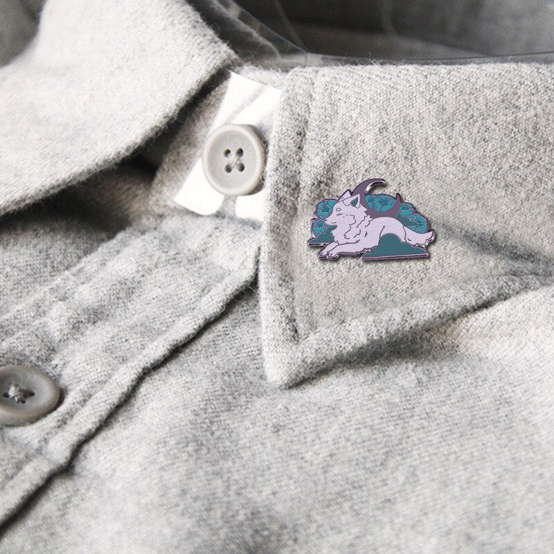 Cute Snow Fox Brooch Fantasy Moon, Cloud and Flower Badges Animal Nature Lovers