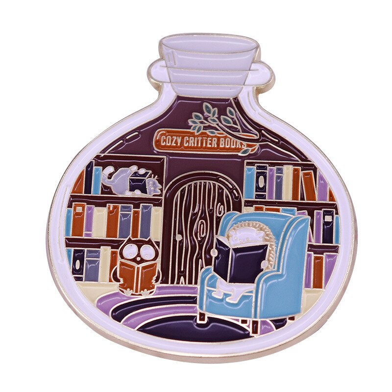 Cozy little animal library brooch cute hedgehog reading badge