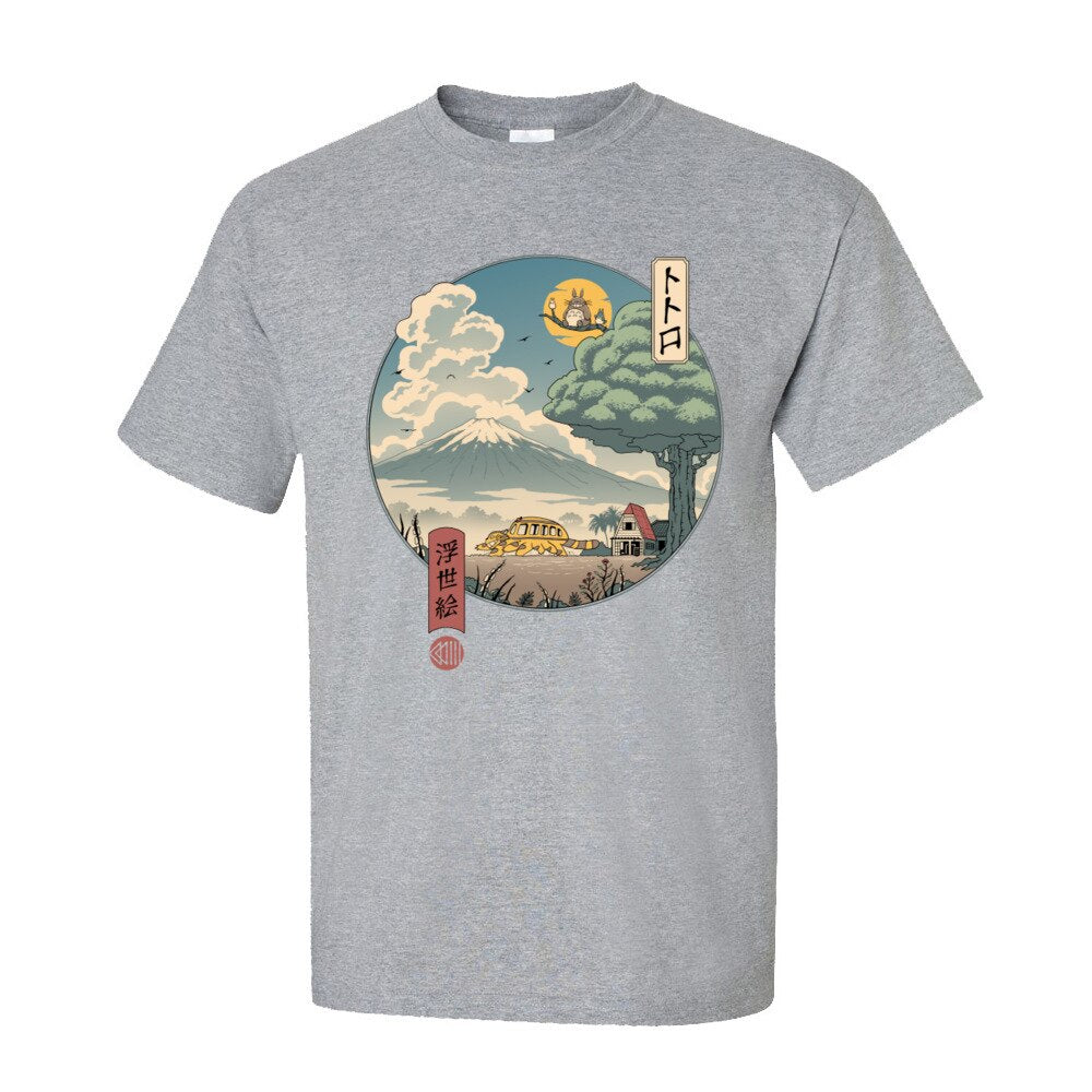 Neighbors Ukiyo-e Cotton Fabric T-Shirt for Men Classic Japan Style Short Sleeve T Shirt Popular Anime Totoro Tshirt