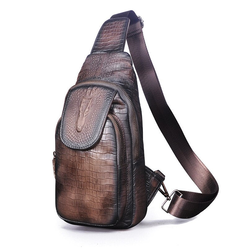 Men's Original Leather Retro Blue Triangle Chest Sling Bag 8" Tablet Design One