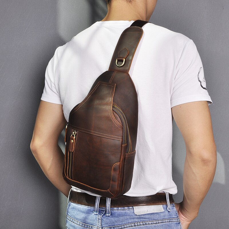 New Men Natural Leather Casual Fashion Triangle Sling Chest Bag Design Daypack Designer One Shoulder Cross-body Bag Male 6601