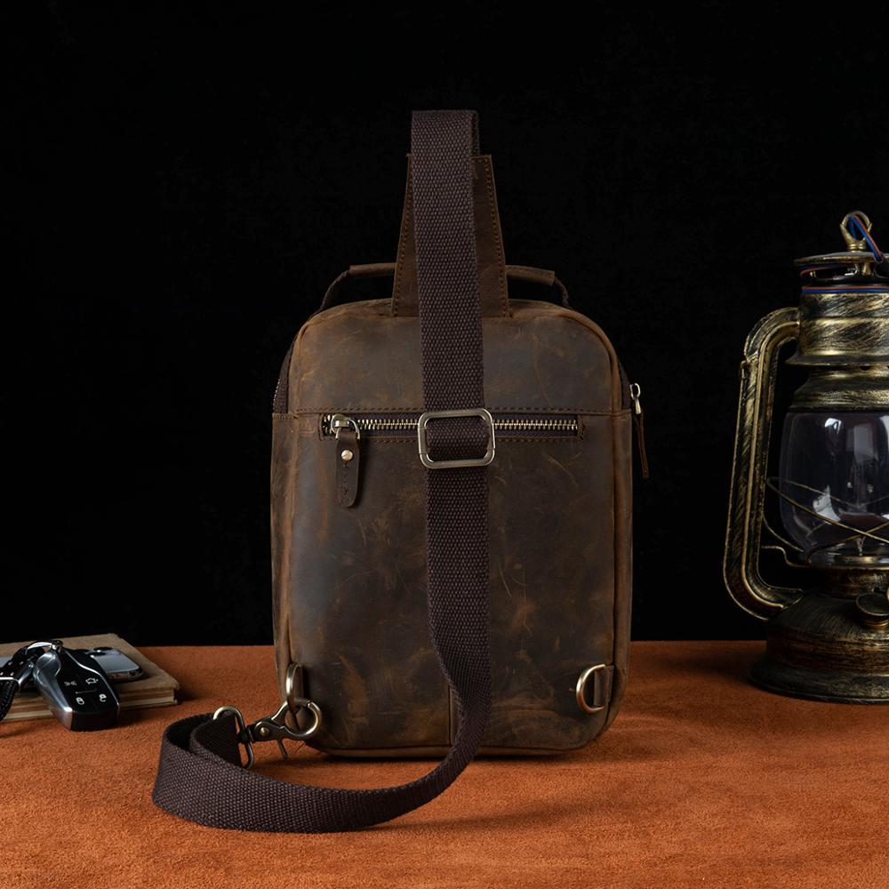 Full Grain Leather Fashion Triangle Chest Sling Bag 8" Tablet Travel Design Tote One Shoulder Cross body Bag For Men Male 20154