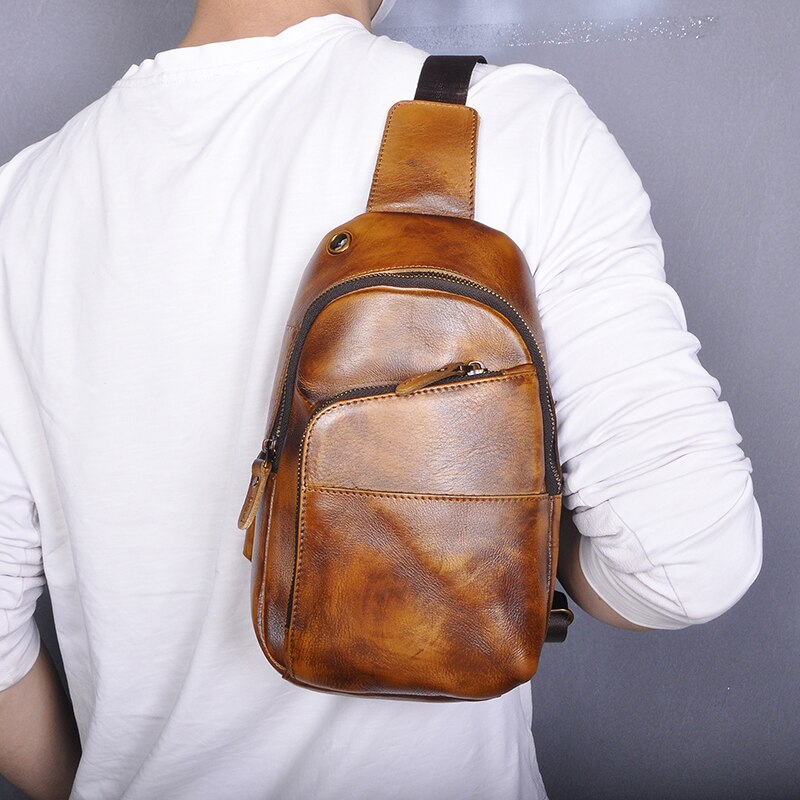 Hot Sale Men Genuine Real Leather Casual Travel Chest Sling Bag Design One Shoulder Bag Fashion Blue Cross-body Bag Male 8010