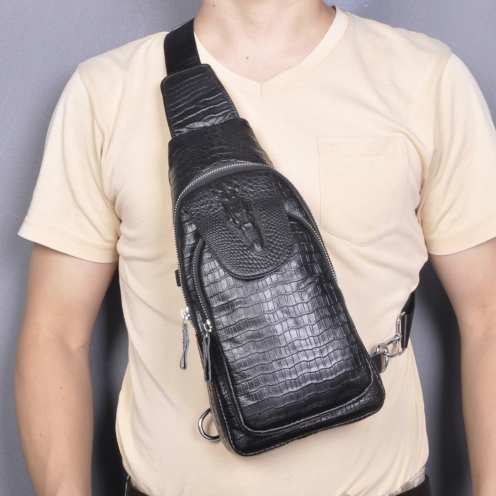 New Hot Sale Men Crazy Horse Leather Vintage Chest Sling Bag 8" Tablet Design One Shoulder Bag Cross body Bag Male 5016