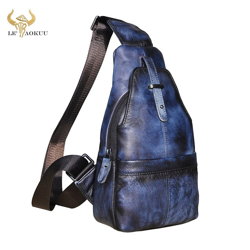 Hot Sale Men Original Leather Casual Fashion Wine Triangle Chest Sling Bag 8" Tablet Design One Shoulder Cross body Bag Male 196