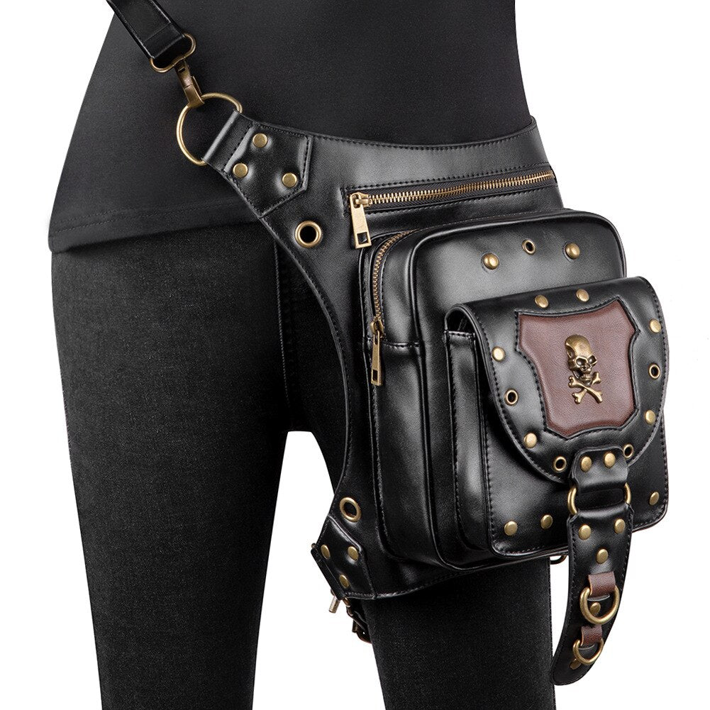 Lady Pockets Retro Messenger Bag Punk Vintage Steampunk Crossbody Women Shoulder Waistbag Men Hombre Skull Rivet Travel Leg Bags