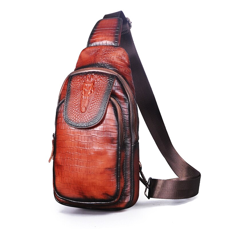 Men Natural Real Leather Retro Coffee Triangle Chest Sling Bag 8" Tablet Design