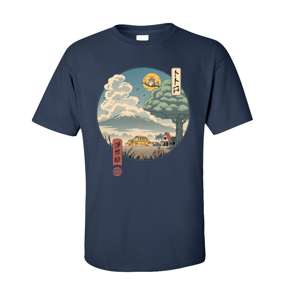 Neighbors Ukiyo-e Cotton Fabric T-Shirt for Men Classic Japan Style Short Sleeve T Shirt Popular Anime Totoro Tshirt
