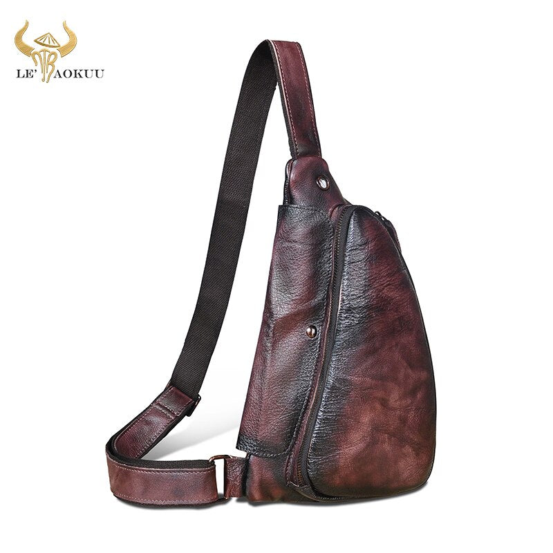 Men Original Real Leather Casual Fashion Coffee Travel Triangle Chest Sling Bag