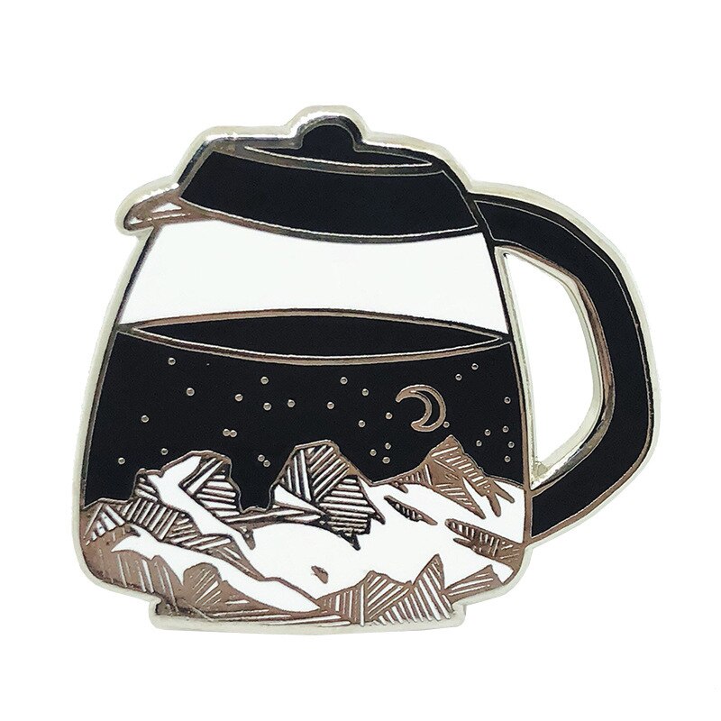 Vintage landscape teapot brooch stars moon mountain badge