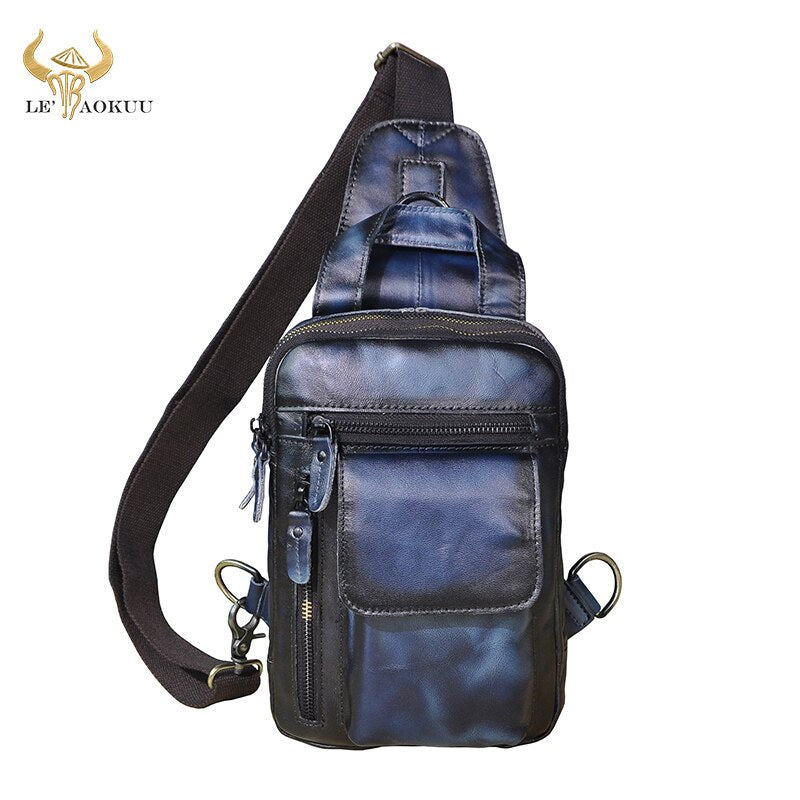 Men Original Leather Fashion Casual Chest Sling Bag Coffee 8" Tablet Tea Design