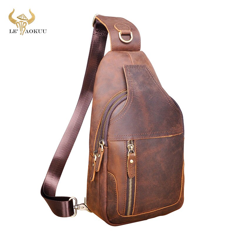 New Men Natural Leather Casual Fashion Triangle Sling Chest Bag Design Daypack Designer One Shoulder Cross-body Bag Male 6601