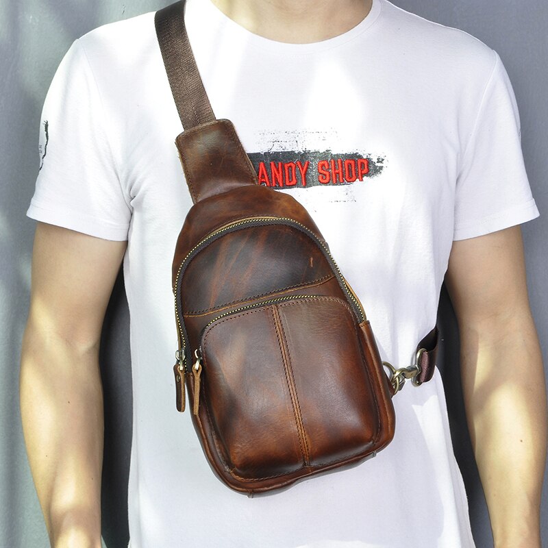 Men Quality Leather Casual Fashion Chest Sling Bag 8" Tablet Umbrella Design One Shoulder Daypack Crossbody Bag For Male 8002-d