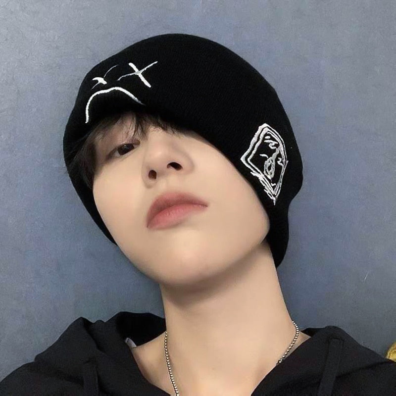 Beanie, Knitted Hat, hip-hop style, Embroidered Knitted hat with sad Expression, Warm Woolen hat for men and women