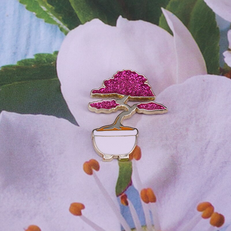 Beautiful flower bonsai tree glitter brooch natural plant badge