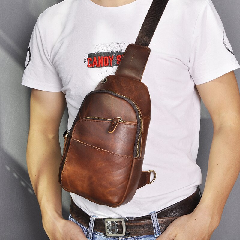Hot Sale Men Genuine Real Leather Casual Travel Chest Sling Bag Design One Shoulder Bag Fashion Blue Cross-body Bag Male 8010