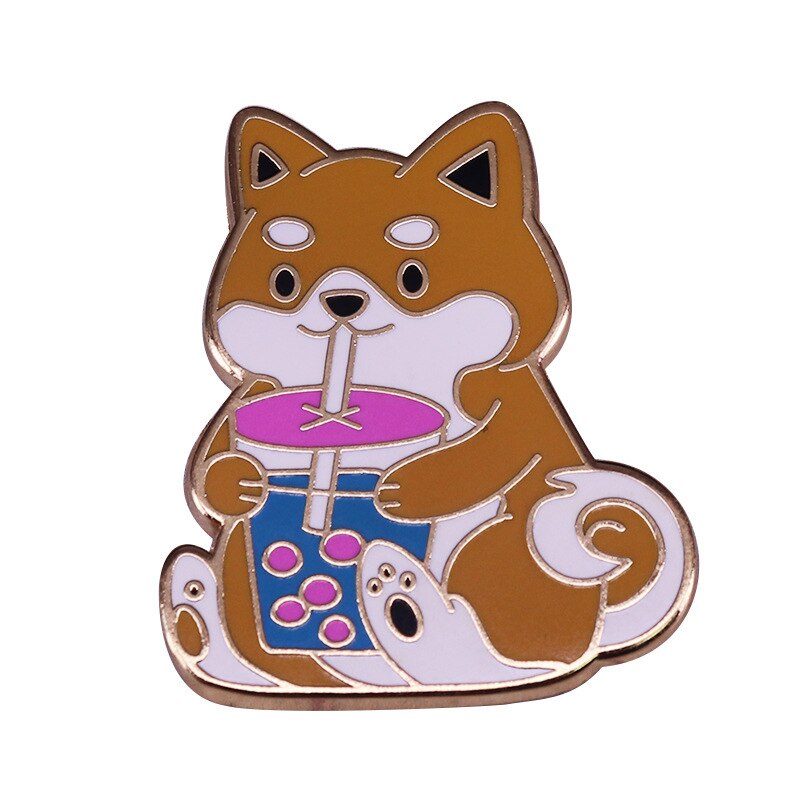 Cute Corgi Cat Drinking Pearl Milk Tea Brooch Funny Animal Badge
