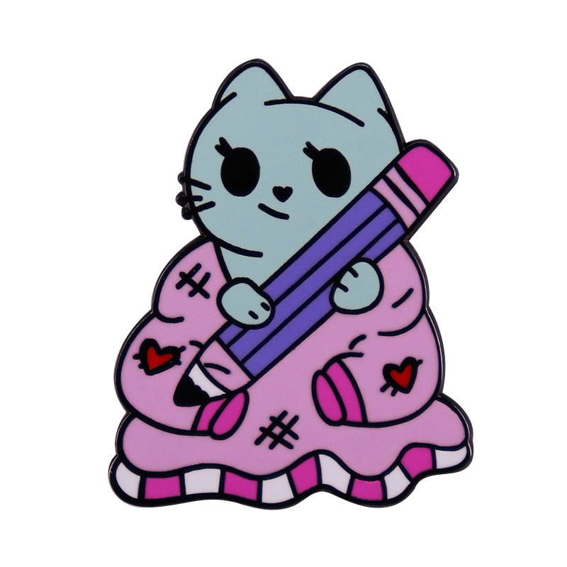 Cute cat with pencil brooch cartoon clothes bag decoration