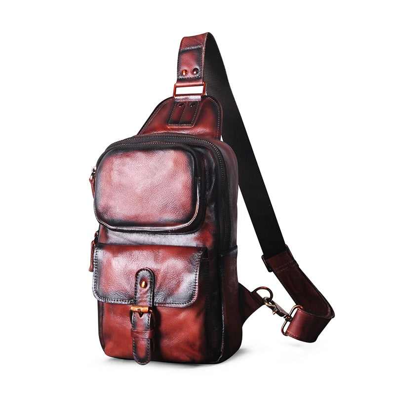 Hot Sale Real Quality Leather Vintage Triangle Chest Sling Bag 8" Tablet Design