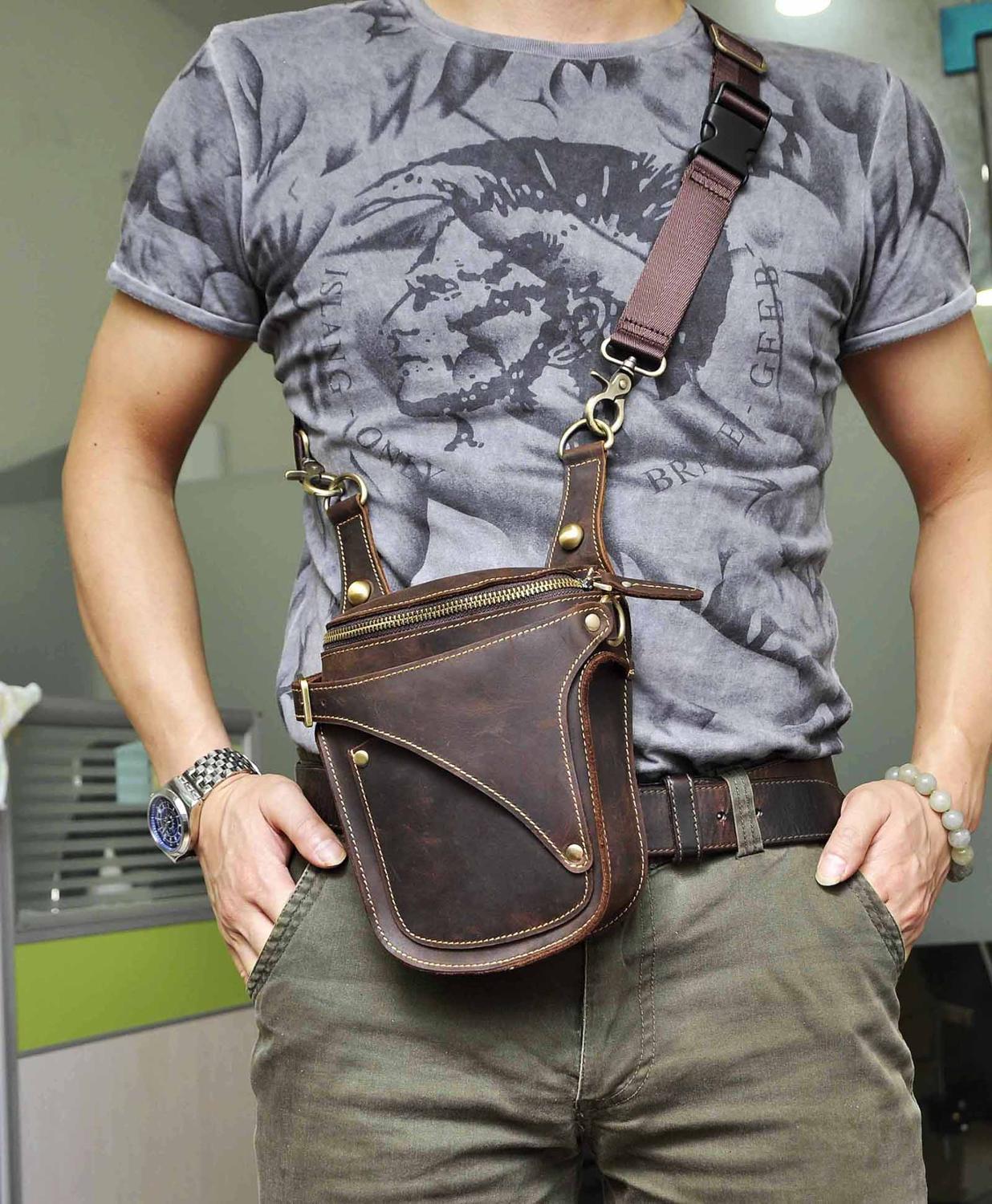 Unisex Fashion Crazy Horse Quality Leather 7" Motorcycle Riding Drop Leg Bag Design Travel Fanny Belt Waist Pack Case 9326-d