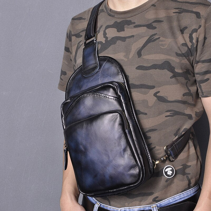 Le'aokuu Men Crazy Horse Leather Casual Vintage Fashion Blue Chest Sling Bag Design One Shoulder Crossbody Bag For Male 9977