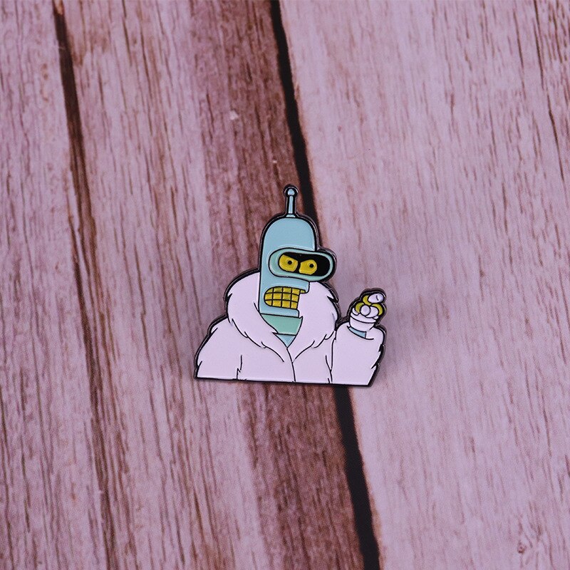 Flying out of a futuristic robot Bender brooch comedy animation badge