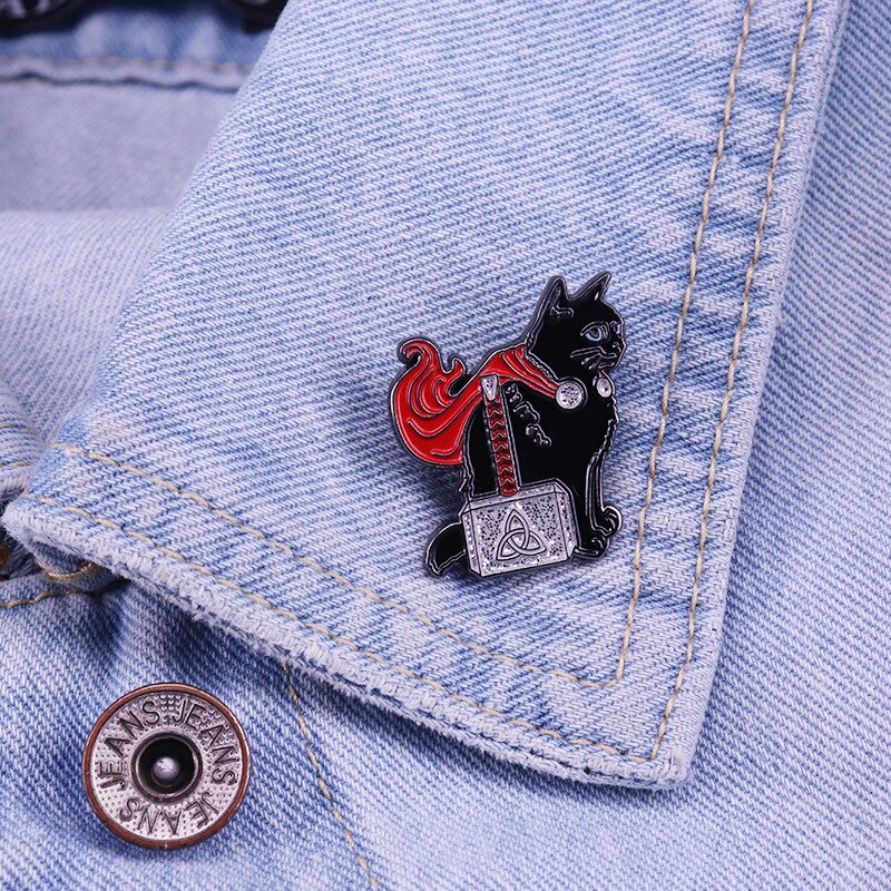 Black Cat and Thor's Hammer Mix and Match Brooch Cute Glitter Animal Badge Sci-Fi Movie Inspiration Pin